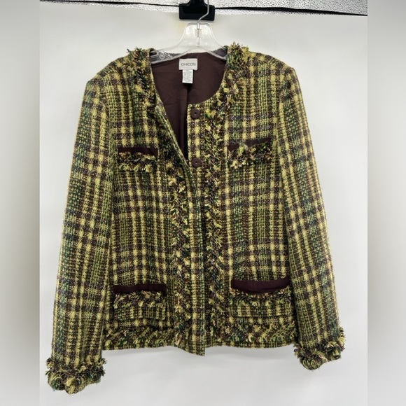 Chico’s blazer size L 12 green brown plaid tweed metallic jacket (Chico’s 2) - Picture 9 of 13
